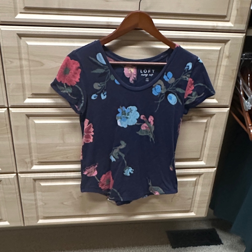 LOFT Navy Scoop Neck Floral Tee with Pink & Blue Blooms